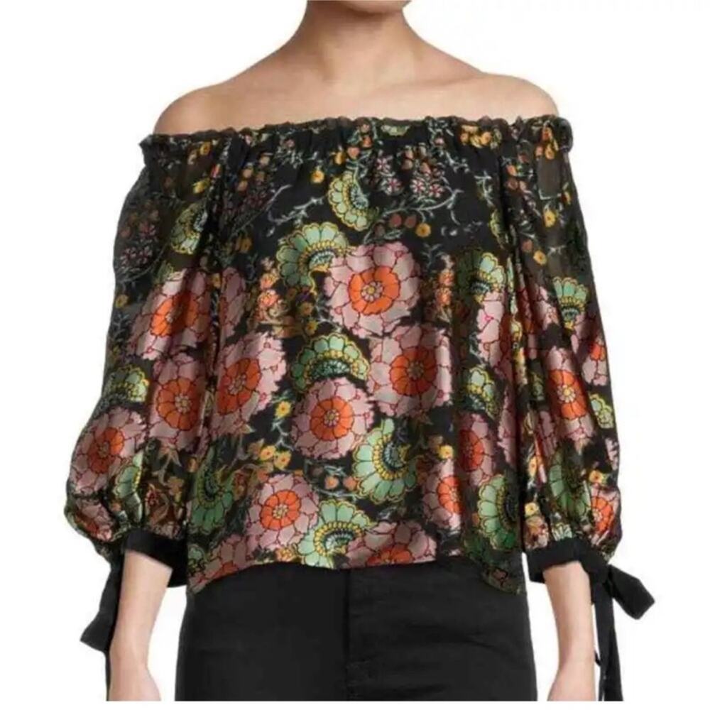 Alice + Olivia Black Off-Shoulder Floral Blouse with Pink and Green Accents